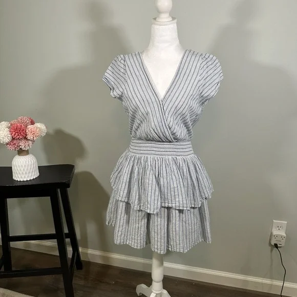 American Eagle Two Ruffle Dress Blue Stripe Size Small Deep V - Picture 2 of 7